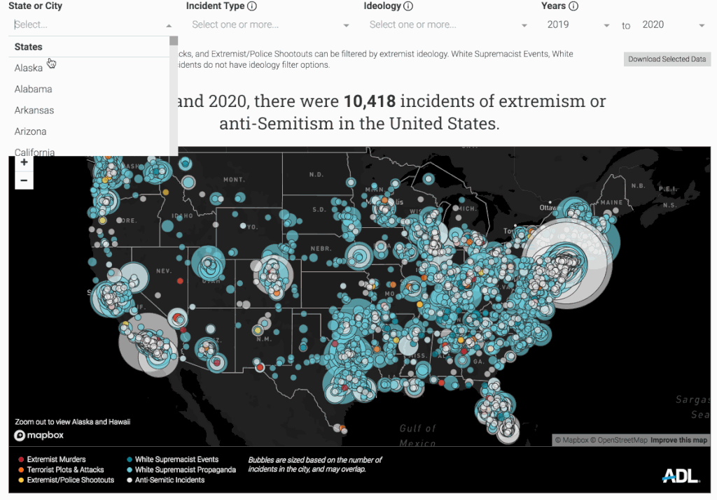 A view from the mapping tool Graphicacy built for the Anti Defamation League, showing hate crimes in the United States