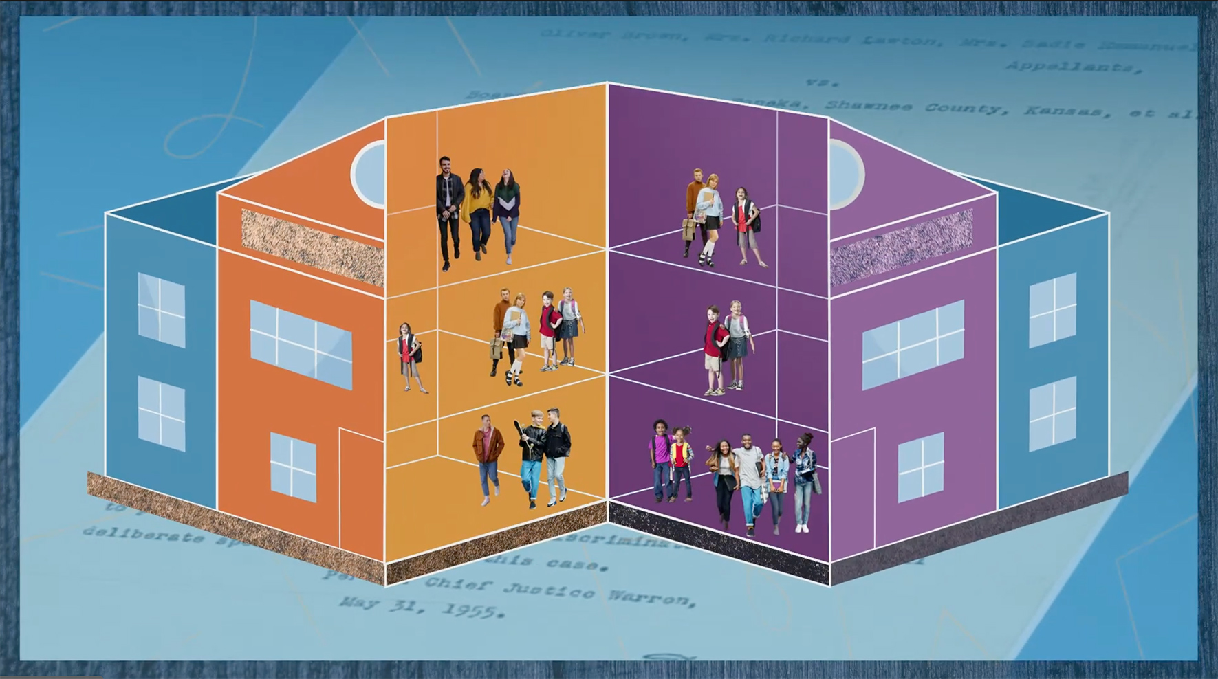 A screenshot from an animated video produced by Graphicacy for AIR, describing the barriers to solving school segregation in the United States