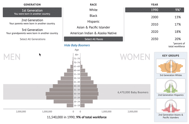 animated interactive chart showing a population pyramid