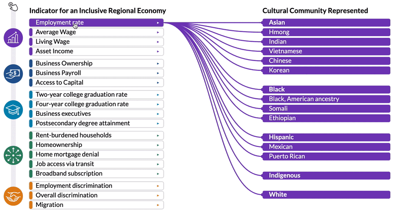 Animated view of the connections chart built for Center for Economic Inclusion, showing the data availability for each indicator