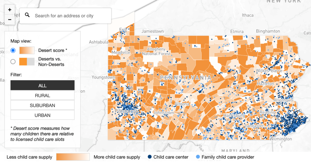 A map showing Childcare deserts in Pennsylvania, produced by Graphicacy for the Center for American Progress
