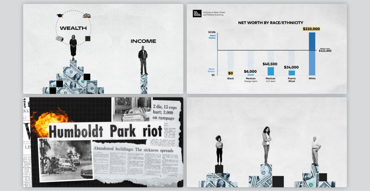 A montage of four frames from the Color of Wealth video capturing the key sequences in the video: Wealth vs Income, Data Visualization Sequence, Historical Sequence, and Future Sequence.