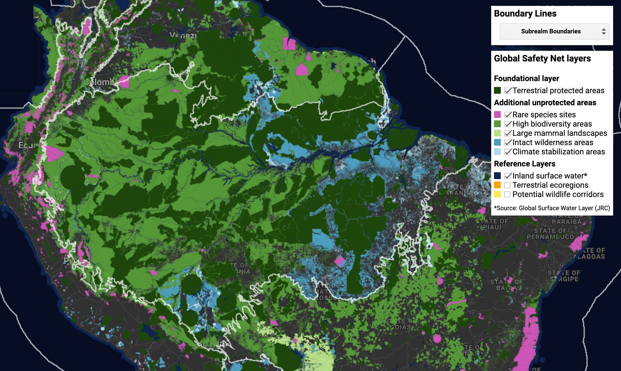 Mapping Application built in Google Earth Engine for One Earth, showing the Global Safety Net data layer