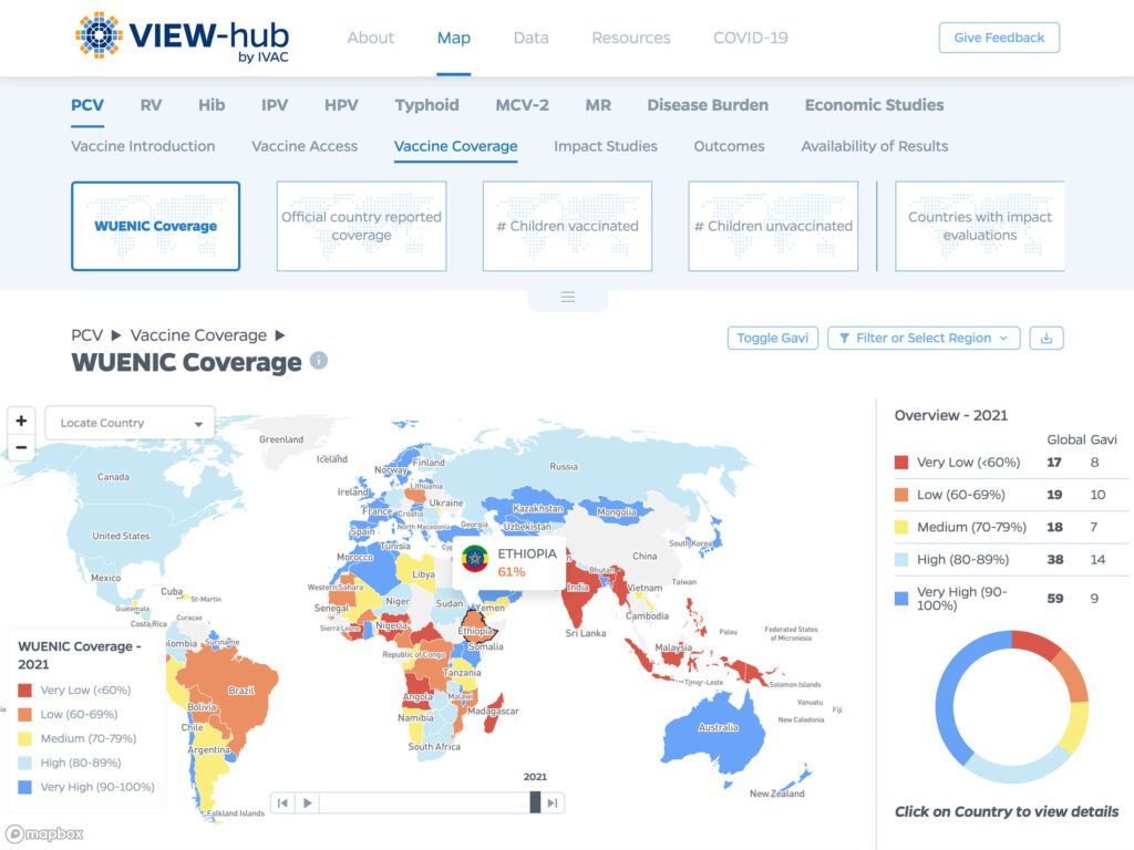 Main map view of the VIEW-hub platform, where the user can map a wide range of global Vaccine data