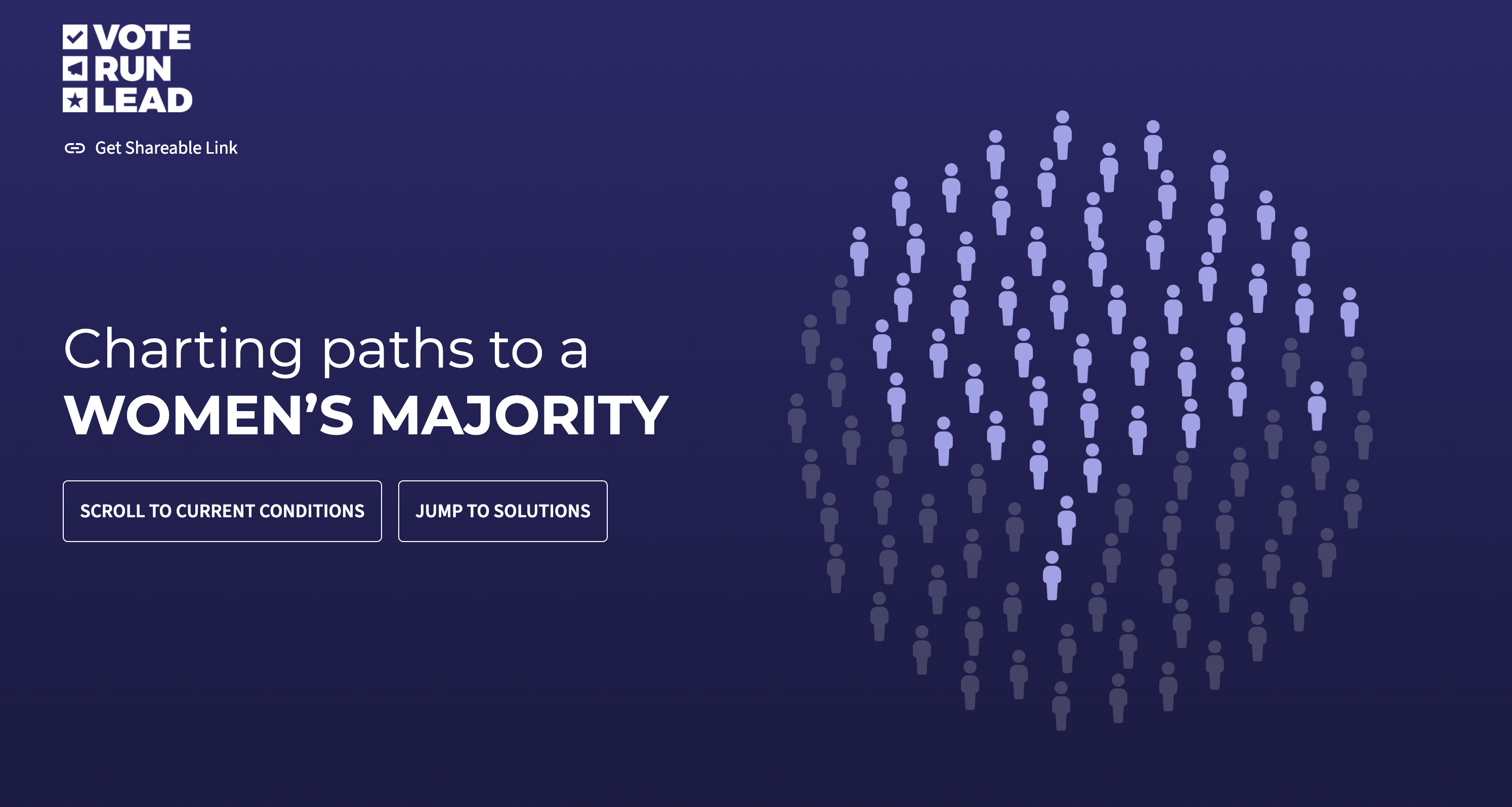 The first fold, hero image of the project 'Charting Paths to a Women's Majority' provides two action buttons for a user to 
