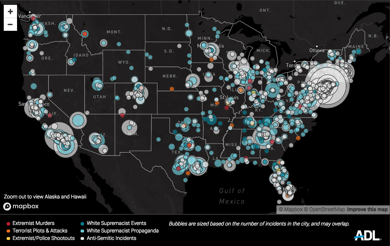 A map of hate crimes in the United States, produced for the Anti Defamation League